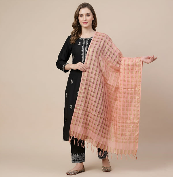 Peach Cotton Dupatta with Golden Stripe Weave & Tassel Border