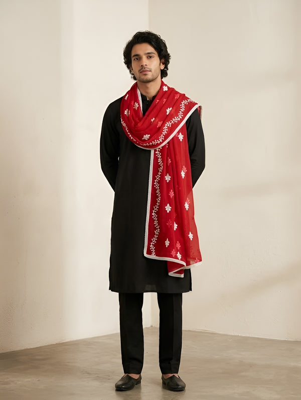 Red Nazneen Chiffon Mens Dupatta with Floral Embroidery & Border