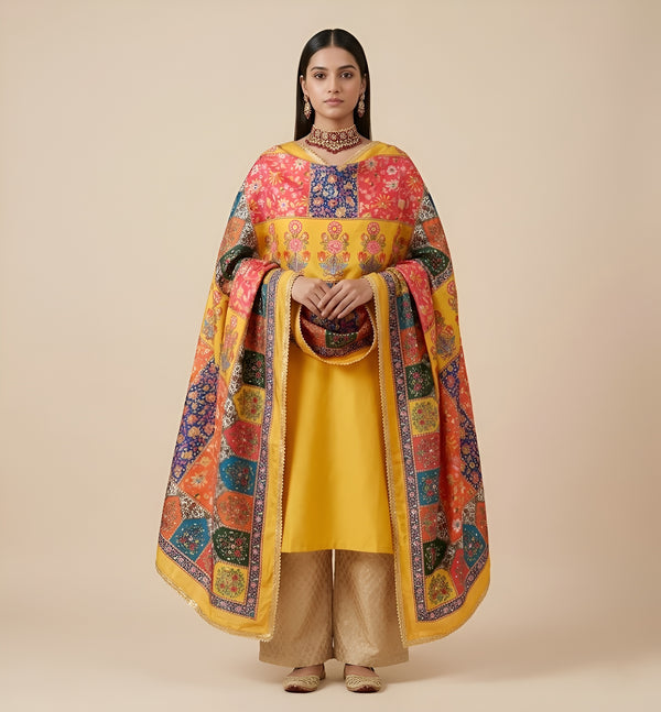 Chinon Floral Mirror Work Women Multicolor Dupatta with Designer Printed Panels & Lace Border