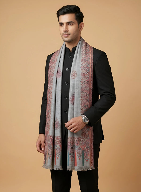 Noble Kani Woven Paisley Border Wool Blend Grey Stole