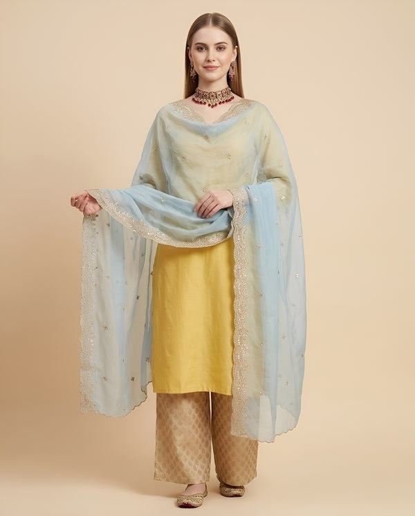 Luxe Fendi Women Blue Dupatta with 2 Side Scalloped Border, Mirror Detailing & Buti Embellishment
