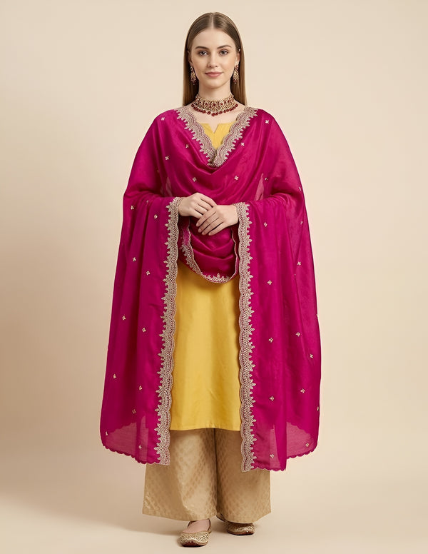 Luxe Fendi Women Pink Dupatta with 2 Side Scalloped Border, Mirror Detailing & Buti Embellishment