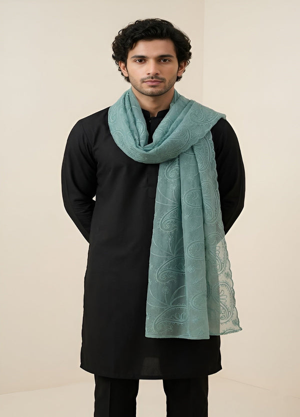 Organza Mens Dupatta – Teal with Paisley Embroidery & Floral Design