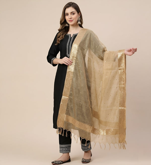 Gold Organza Dupatta with Golden Beads Work & Tassel Border