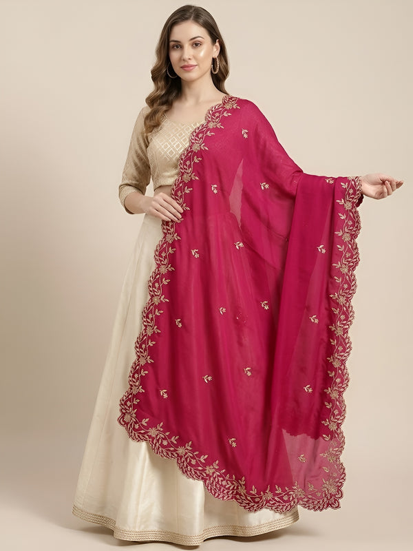 Luxe Rangoli Women Magenta Dupatta with 4 Side Scalloped Embroidered Border & Buti Embellishment