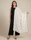 White Nazneen Chiffon Dupatta with Multicolor Stripes & Pom Pom Border