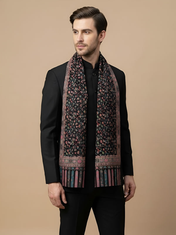 Reserve Mens Bamboo Silk Floral Kalamkari Printed Black Stole
