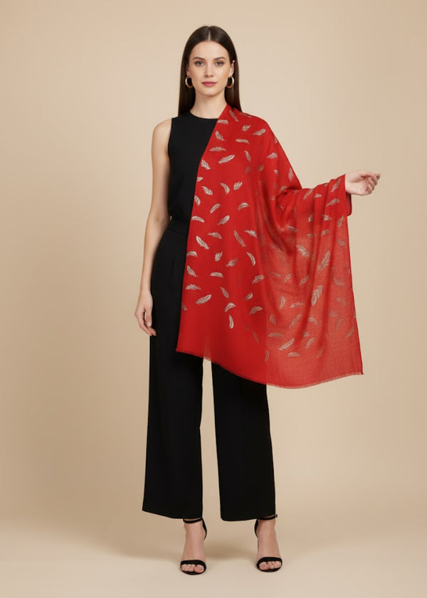 Micro Wool Red Feather Motif Women Stole | Soft Wrap with Subtle Woven Accents (80 × 28 Inches)