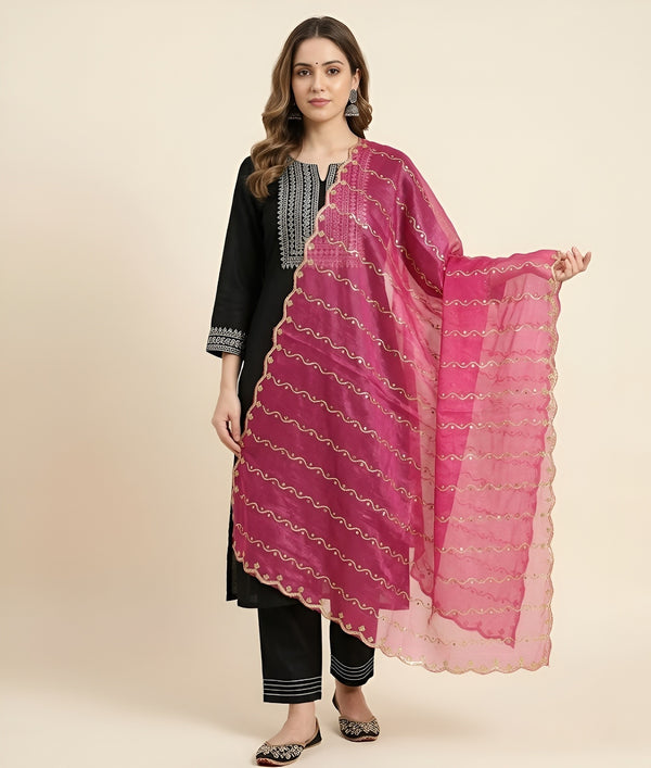 Net Pink Dupatta with Twill Zari Sequin Wave Work