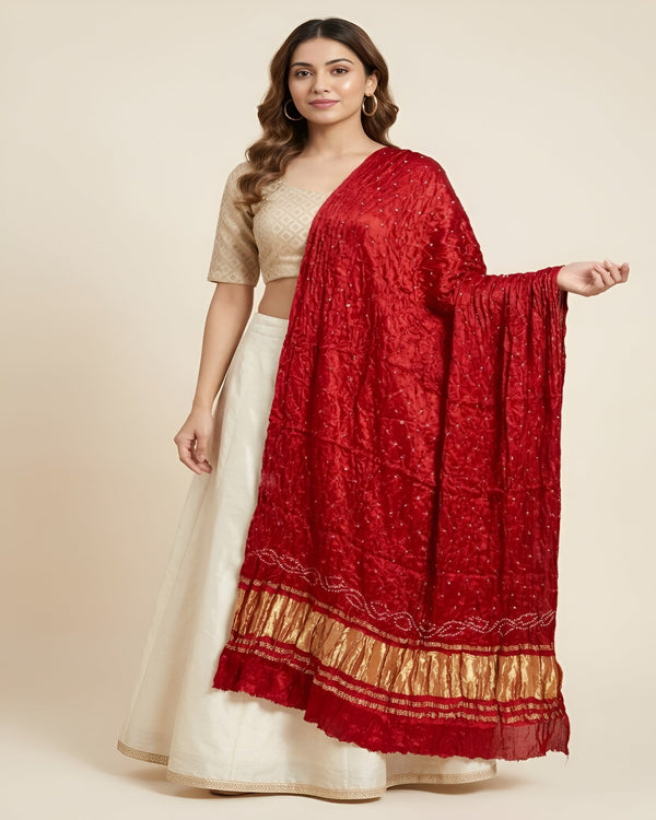 Luxurious Gajji Silk Red Dupatta with Bandhani Dots & Zari Border