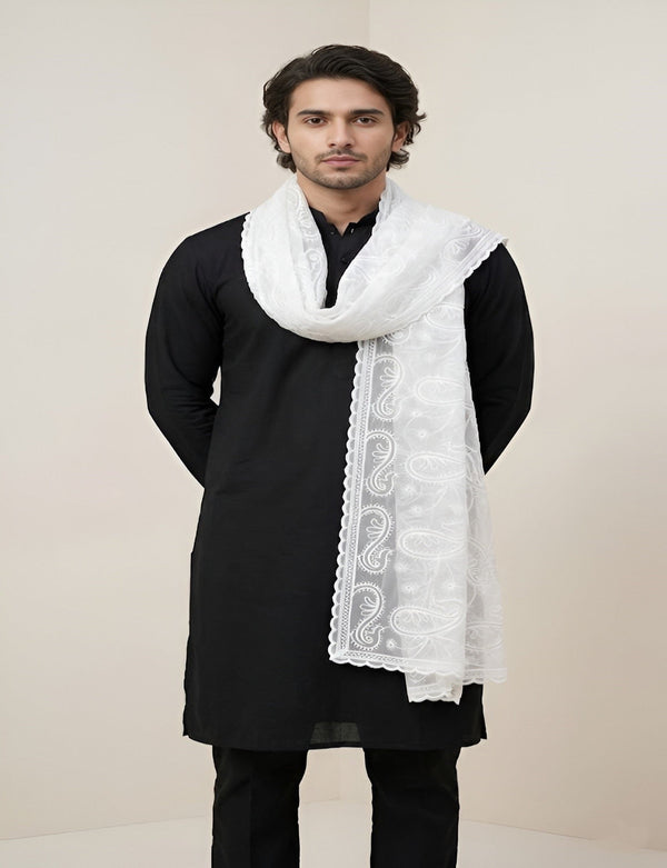 Organza Mens Dupatta – White with Paisley Embroidery & Floral Design