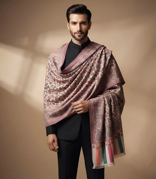 Mir-e-Khas Traditional Kashmiri Kani Weave White Shawl for Men – Wool Blend