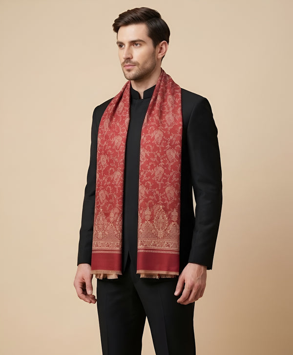 Timeless Mens Wool Blend All-Over Zari Jacquard Floral Trellis Red Stole