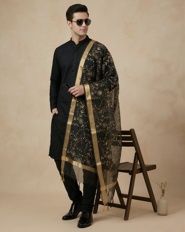Organza Meena Jaal Mens Dupatta – Black with Gold Woven Design