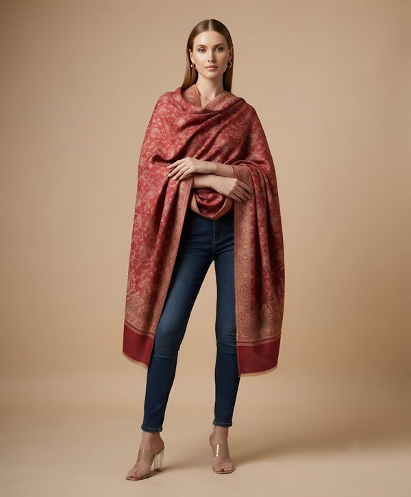 Everyday Wool Blend All-Over Zari Jacquard Woven Floral Trellis Red Stole