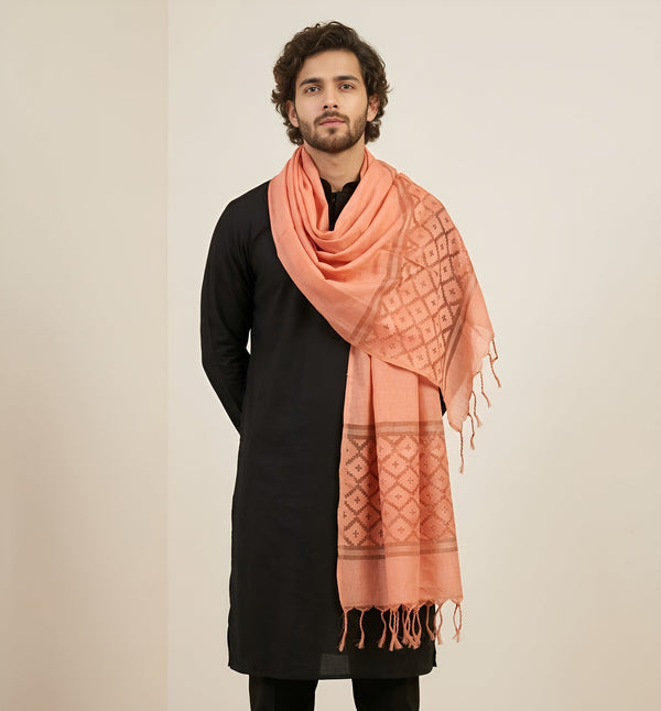 Cotton Mens Dupatta – Orange with Diamond Cut Work & Woven Border