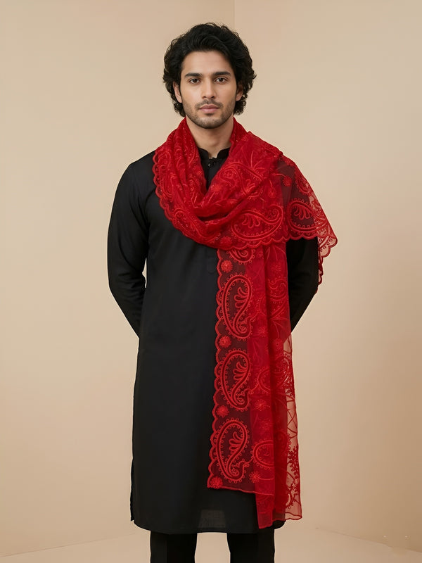 Organza Mens Dupatta – Red with Paisley Embroidery & Floral Design