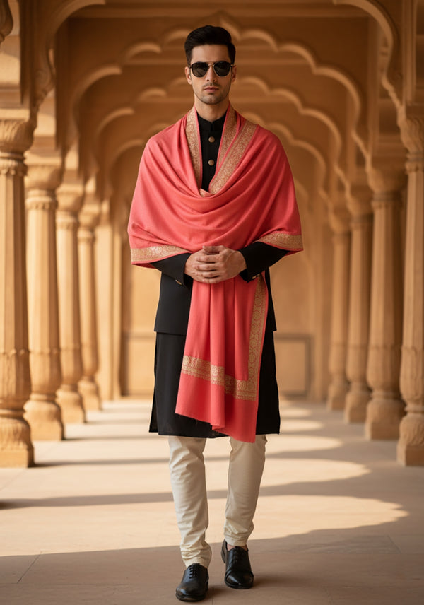 Pink Woolen Mens Shawl with Gold Border – 80x40 Inches