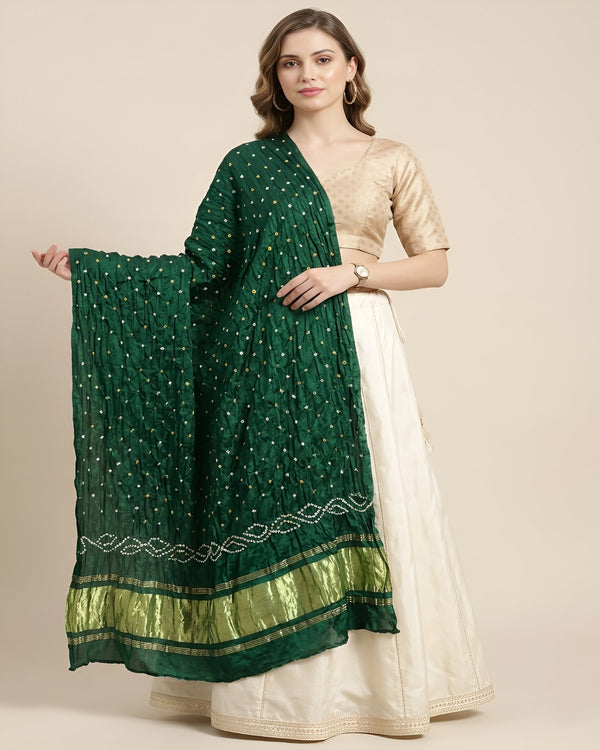Luxurious Gajji Silk Green Dupatta with Bandhani Dots & Zari Border