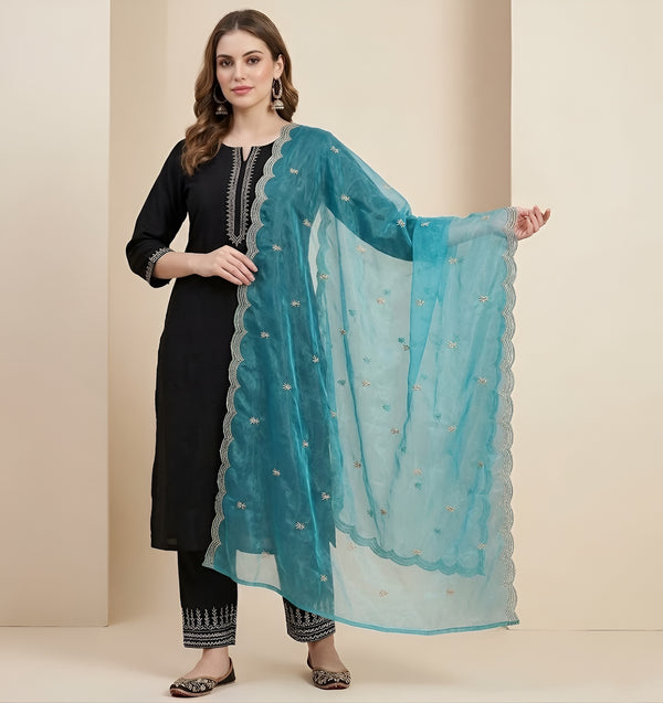 Designer Twill Net Women Aqua Dupatta with 2 Side Scalloped Border & Buti Embellishment