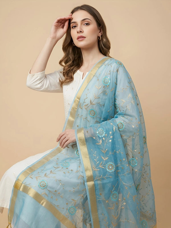 Light Blue Organza Meena Jaal Dupatta | Elegant Sheer Festive Drape