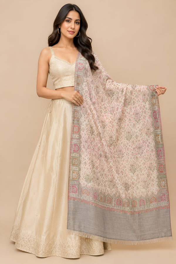 Naqsh-e-Kashmir Woven Kani Jacquard Floral Shawl with Traditional White Border & Panel