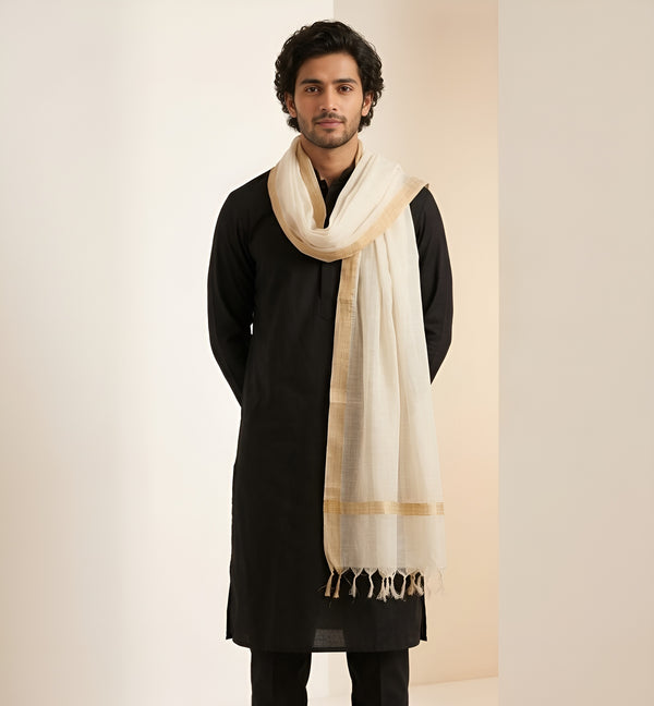Cotton Mens Dupatta – White with Golden Border & Tassel Finish