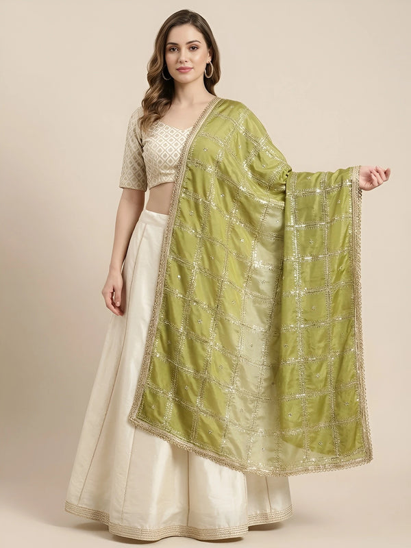 Luxe Chinon Womens Green Dupatta – Embellished Grid Work with Lace Border