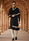 Black Woolen Mens Shawl with Gold Border – 80x40 Inches