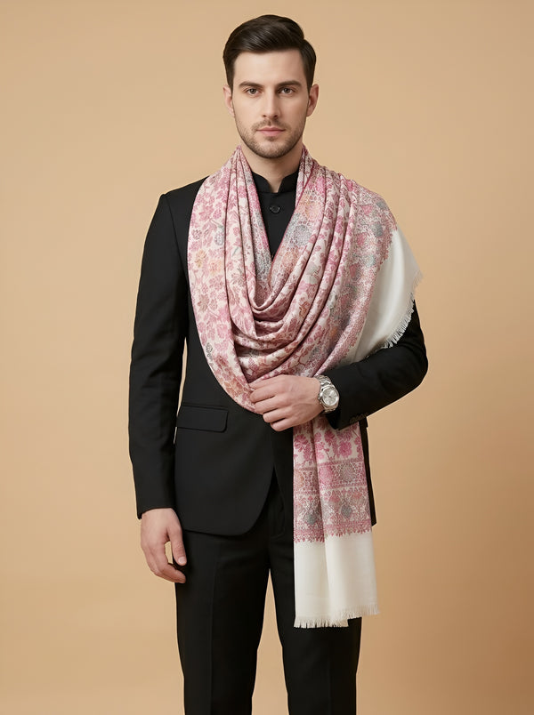 Noble Mens Wool Blend Floral Kani Weave White Stole