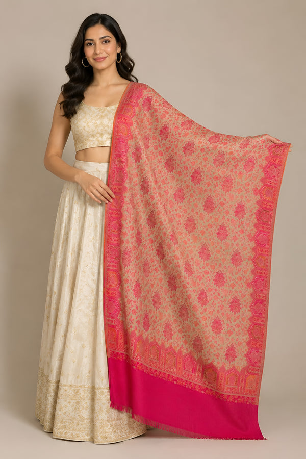 Naqsh-e-Kashmir Woven Kani Jacquard Floral Shawl with Traditional Pink Border & Panel