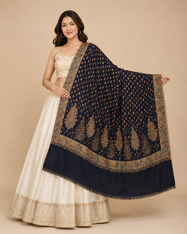 Naqsh-e-Kashmir Kani Woven All-Over Paisley Jacquard Blue Shawl