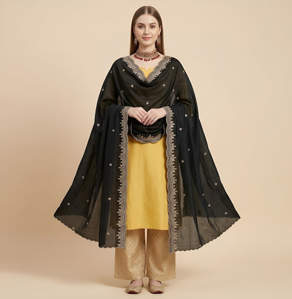 Luxe Fendi Women Black Dupatta with 2 Side Scalloped Border, Mirror Detailing & Buti Embellishment