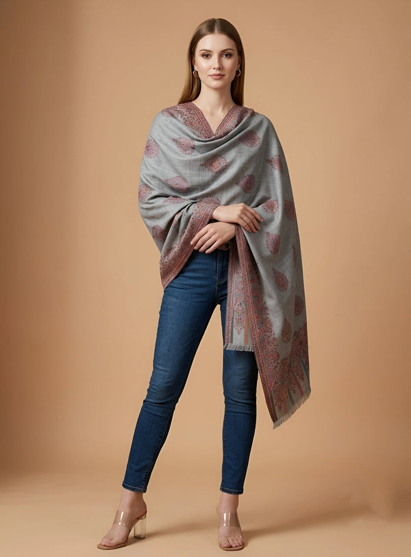 Regal Kani Woven Paisley Border Wool Blend Grey Stole | Kashmiri Inspired