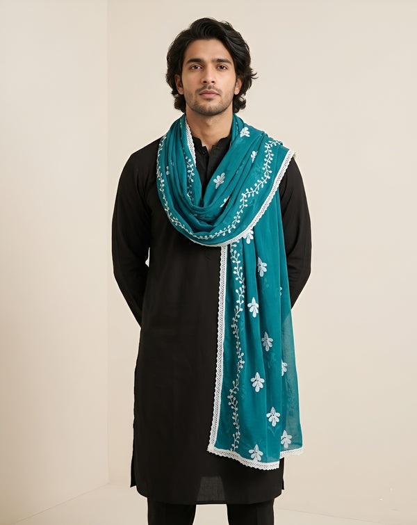 Blue Nazneen Chiffon Mens Dupatta with Floral Embroidery & Border