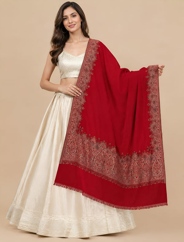 Naqsh-e-Kashmir Woven Kani Jacquard Border Maroon Shawl | Wool Blend