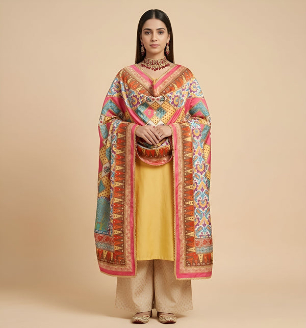 Chinon Floral Mirror Work Women Multicolor Dupatta with Designer Printed Panels & Lace Border