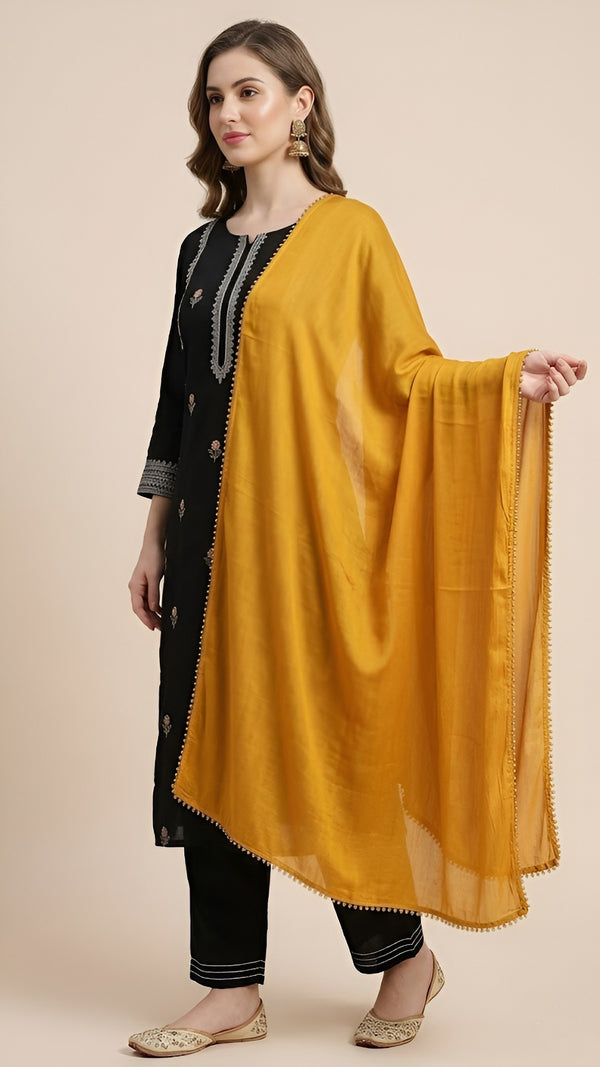 Yellow Nazneen Chiffon Dupatta with Lace Border | Solid Lightweight Wrap