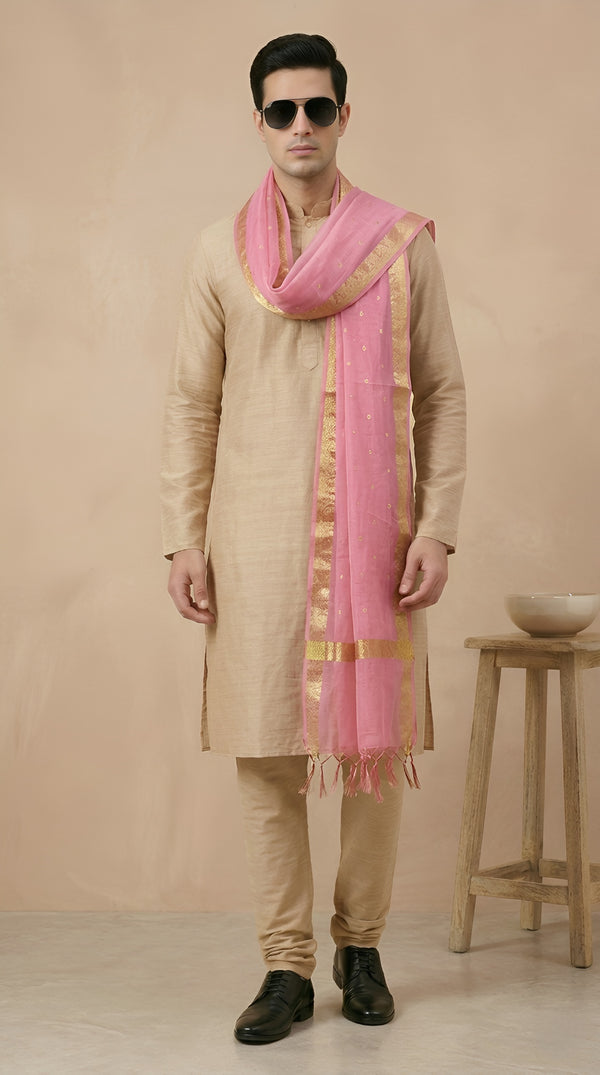 Cotton Silk Mens Dupatta – Pink with Zari Buta & Border Work