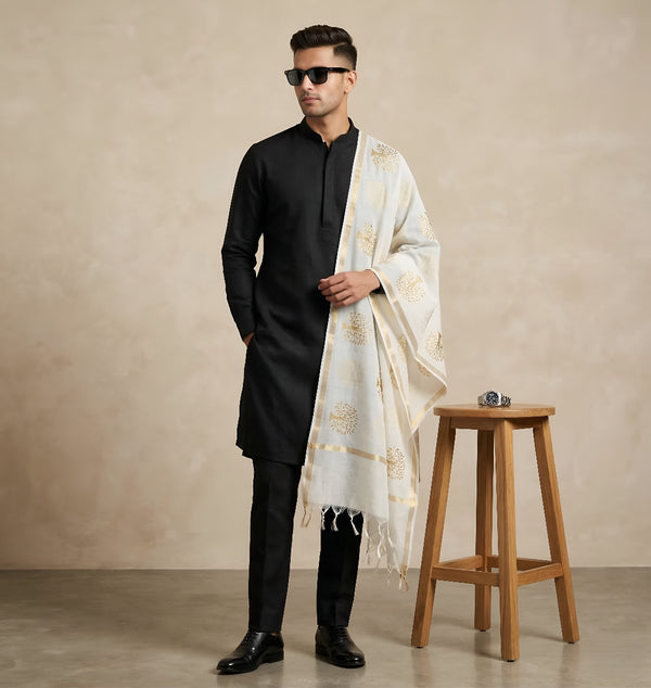 Organza Zari Buta Mens Dupatta – White Tone with Gold Woven Design