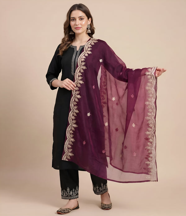 Wine Twill Net Women Dupatta – Scalloped Cutwork Border with Buti Work