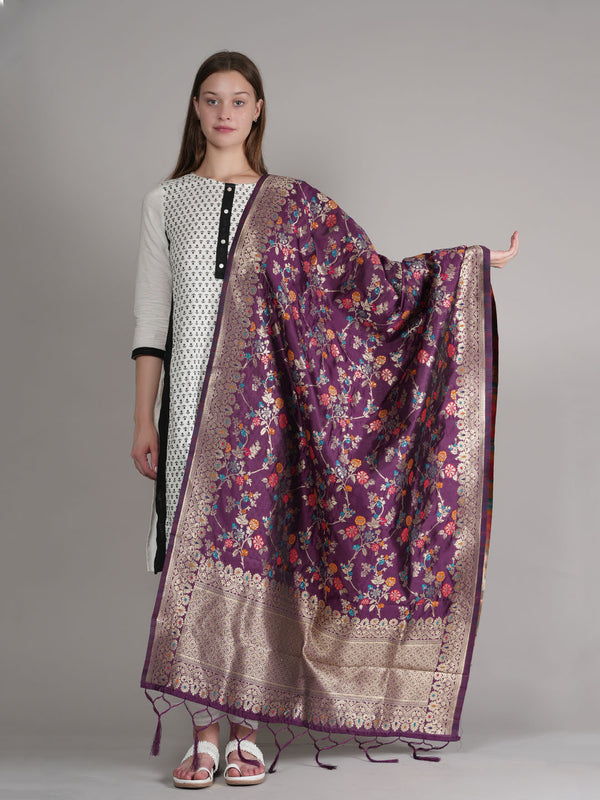 Purple Paithani Silk Dupatta with Multicolour Floral Zari Weave (Size: 2.5x1 m Approx)