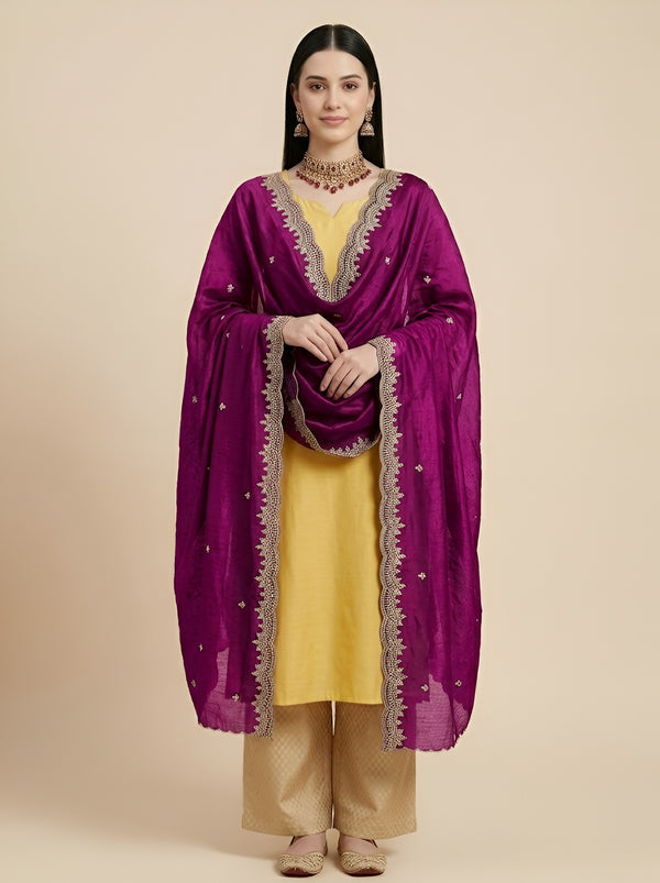 Luxe Fendi Women Purple Dupatta with 2 Side Scalloped Border, Mirror Detailing & Buti Embellishment