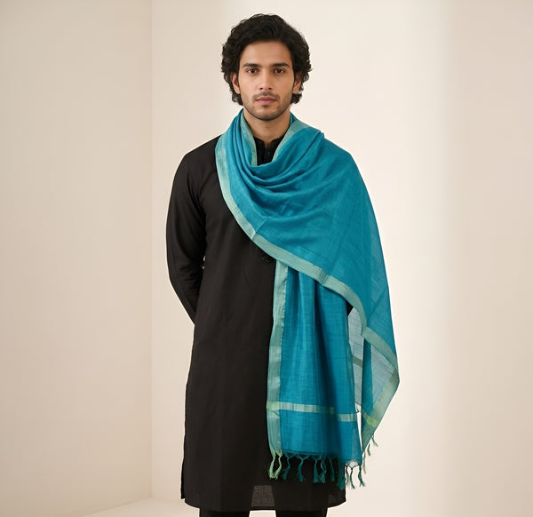 Cotton Mens Dupatta – Teal Blue with Golden Border & Tassel Finish
