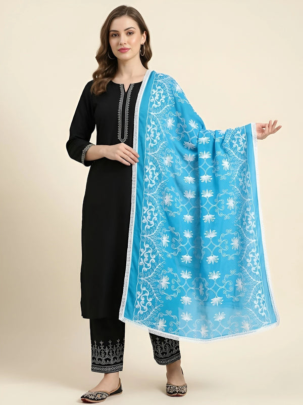 Blue Karachi Style Hand Embroidered Chiffon Dupatta