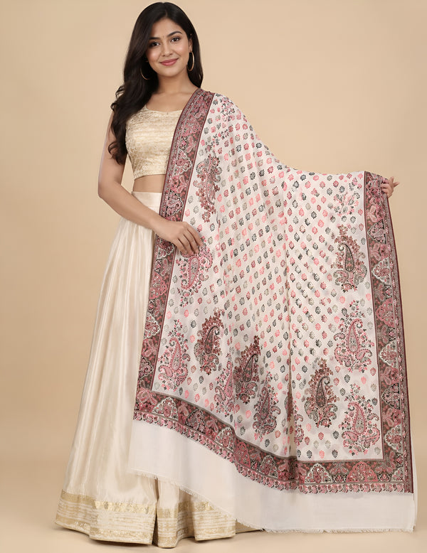 Naqsh-e-Kashmir Kani Woven All-Over Paisley Jacquard White Shawl