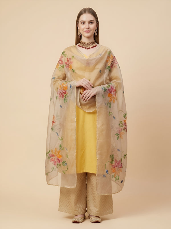 Luxe Organza Women Beige Dupatta with Handbrush Floral Art & Beads