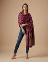 Signature Geometric Diamond Jacquard with Mughal Floral Border Wool Blend Wine Stole