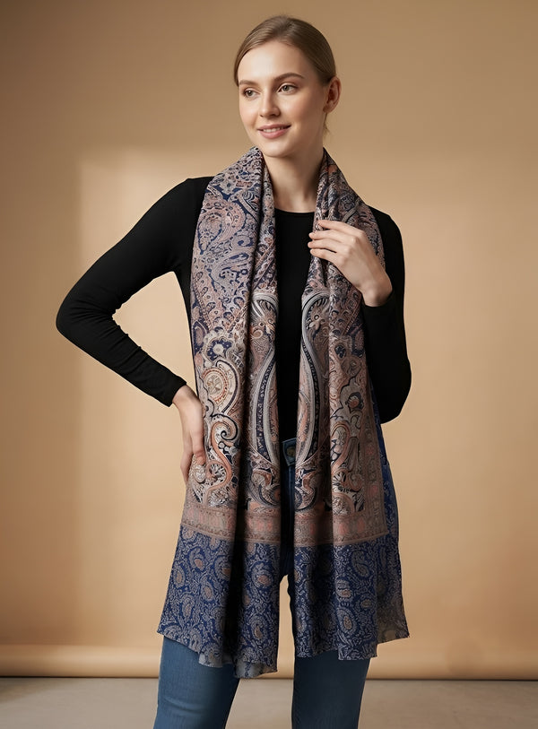 Everyday Bamboo Silk Heritage Printed Reversible Blue Stole
