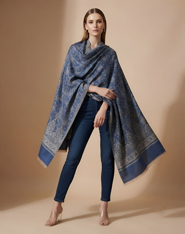 Everyday Wool Blend All-Over Zari Jacquard Woven Floral Trellis Blue Stole